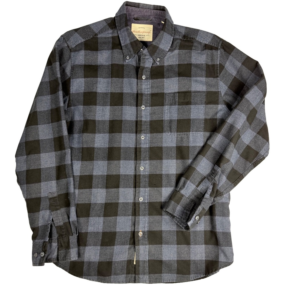 Weatherproof Vintage Mens Large Navy Blue Black Buffalo Plaid Flannel Shirt L